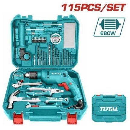 TOTAL Heavy Duty Durable Tool Kit With Drill(680W,13MM key chuck),115 Pcs Repair Box DIY Combo Kit