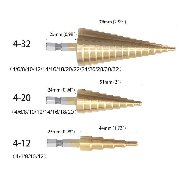 3 Pcs Cone Drill Bits for Metal Wood Plastic High Speed Steel Titanium Coated Metric Step Drill Bit Set (4-12mm, 4-20mm, 4-32mm) - Image 1